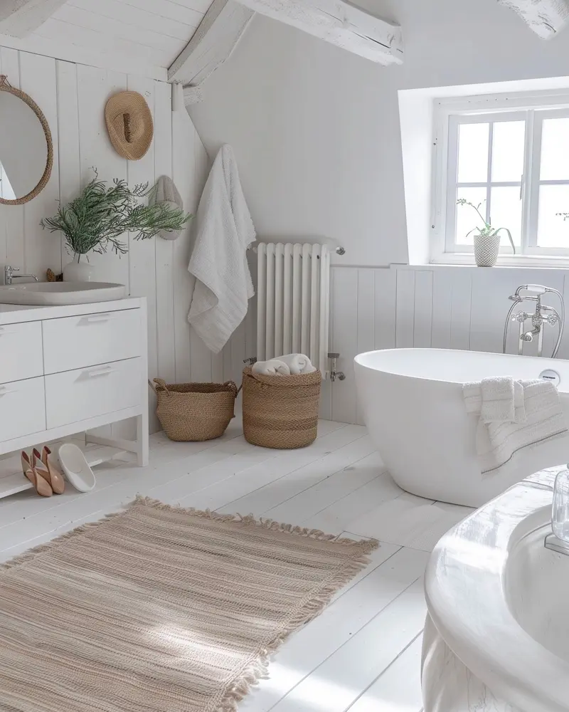 Attic bathroom with freestanding tub, striped cotton rug, wicker baskets and white radiator
