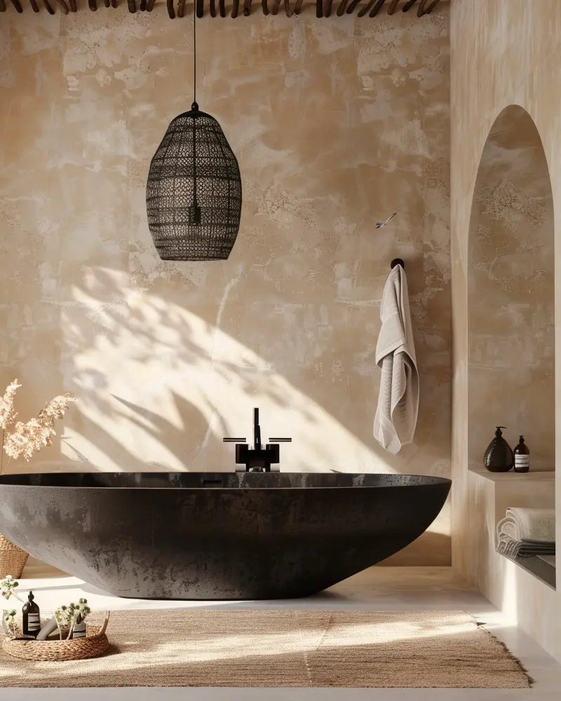Black stone tub against textured beige wall, black woven pendant and arched alcove