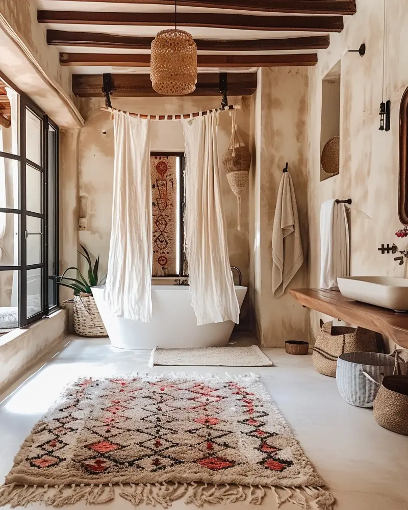 Beige plaster bathroom with tub behind sheer curtains, beamed ceiling and diamond-pattern rug