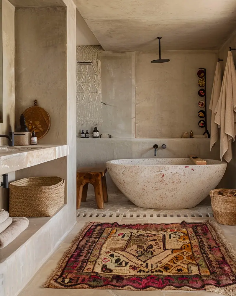 Beige plaster bathroom with stone tub, built-in shelves, woven baskets and red Oriental rug