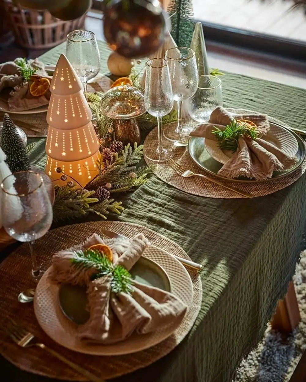 Olive green tablecloth with beige knotted napkins, rattan chargers, rosemary sprigs and a ceramic tree