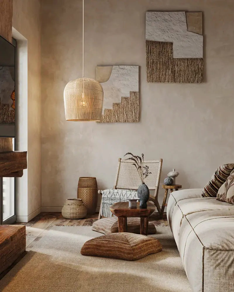 Earthy living room with beige plaster walls, textured wall art, a rattan pendant, a low sofa and floor cushions