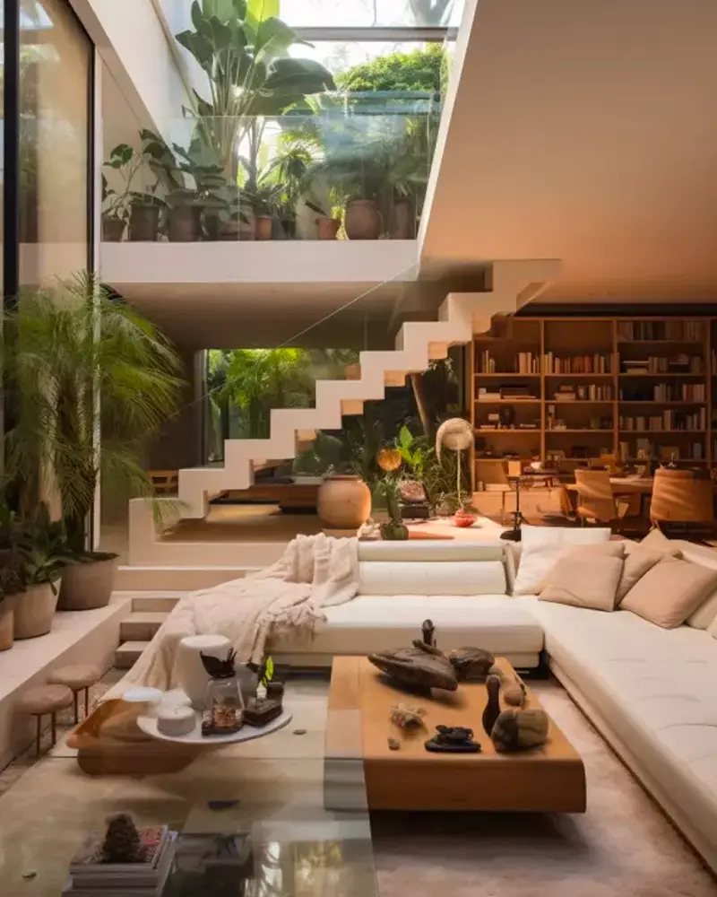 Modern sunken living room with a cream sectional, a low wood coffee table, a floating staircase and lush indoor plants