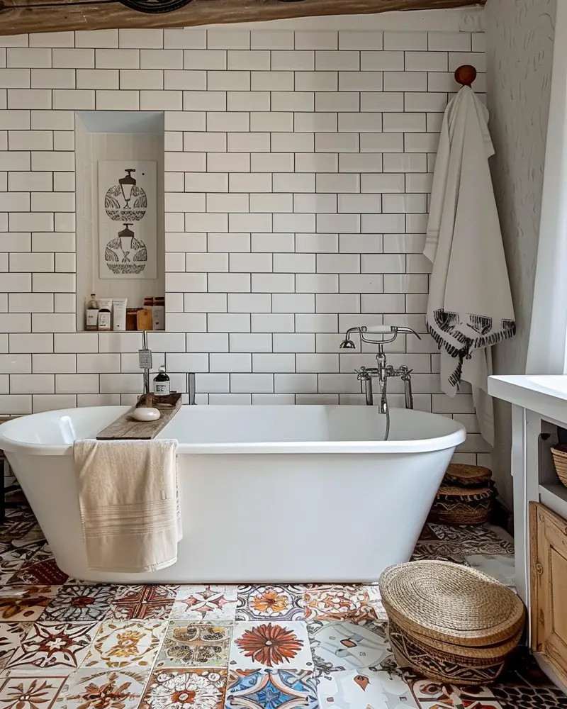 White subway tile bathroom with freestanding tub, beige towels, patterned floor tiles and woven basket