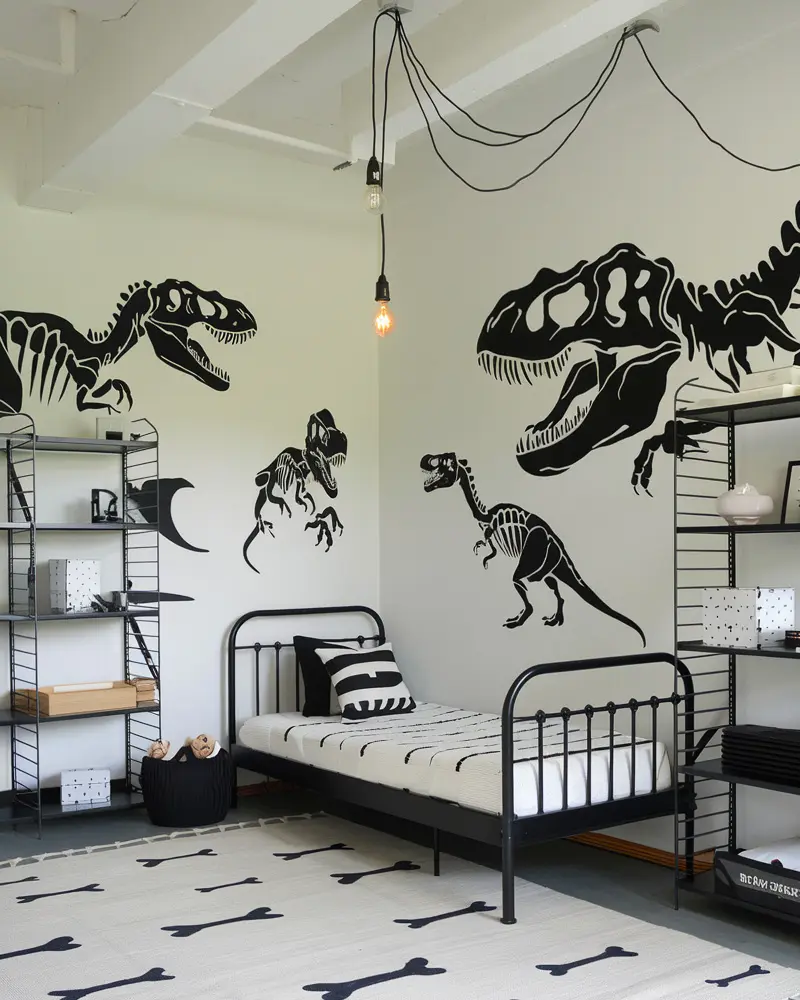 Black and white kids room with T. rex skeleton decals, black iron bed and bone rug