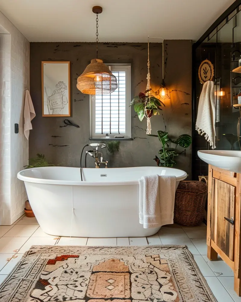 Freestanding tub on a patterned Berber rug, glass pendant, plants and wood vanity