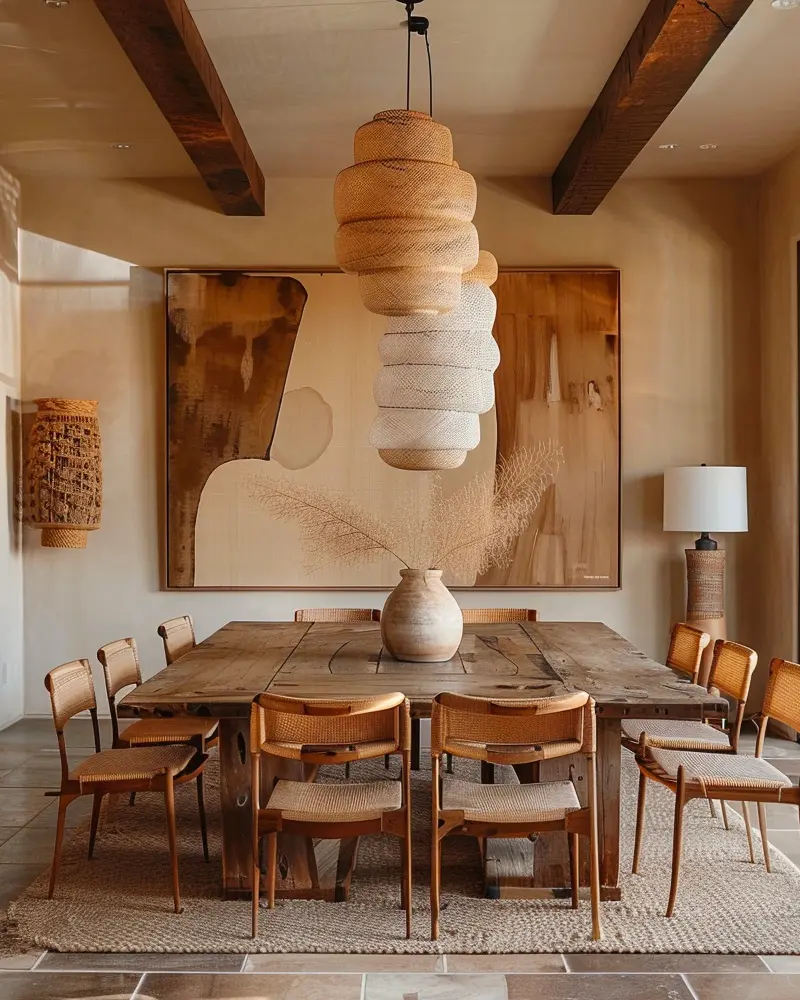 Wood dining table with mid-century chairs under stacked rattan pendants