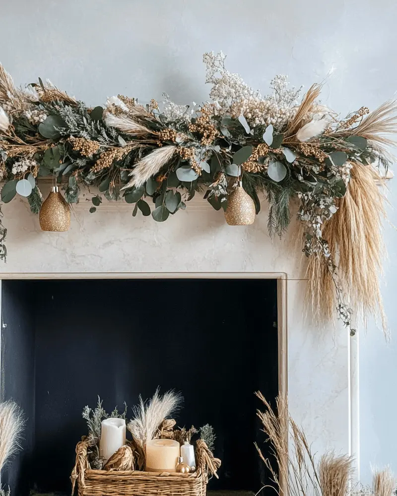 Mantel garland of eucalyptus, pampas grass and dried flowers with gold ornaments and candles in a basket