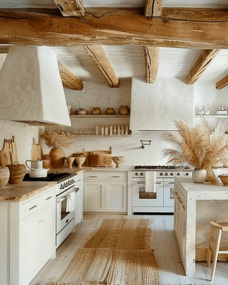 Plastered range hood, rough beams, wooden bowls and pampas grass in a cream kitchen