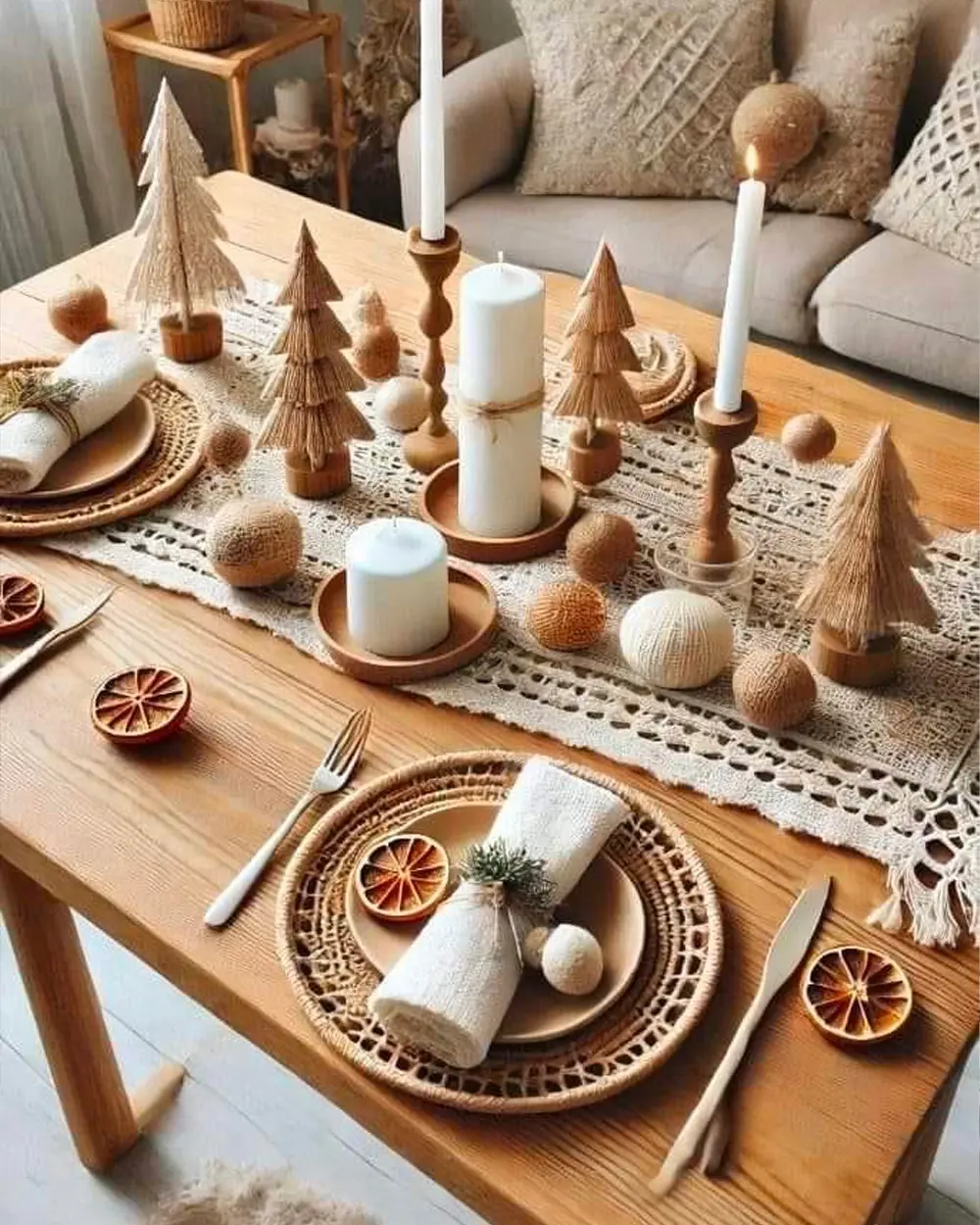Wood table with a crochet runner, wooden trees, white pillar candles and rattan chargers with dried oranges