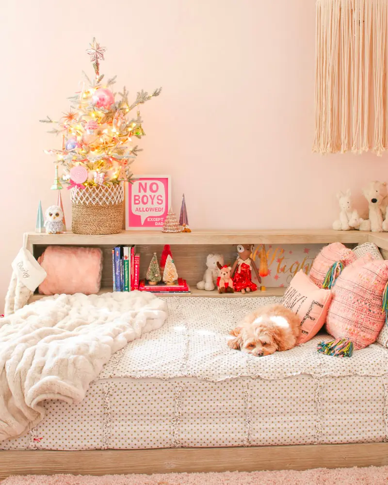Boho daybed with pink pillows, a knit throw, a small lit tree on the shelf and a puppy sleeping on the cushions
