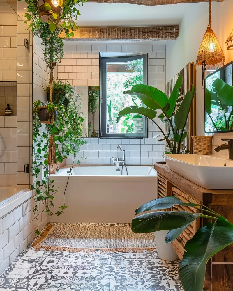 White subway tile bathroom with trailing plants above the tub, big leafy plant and patterned floor tiles