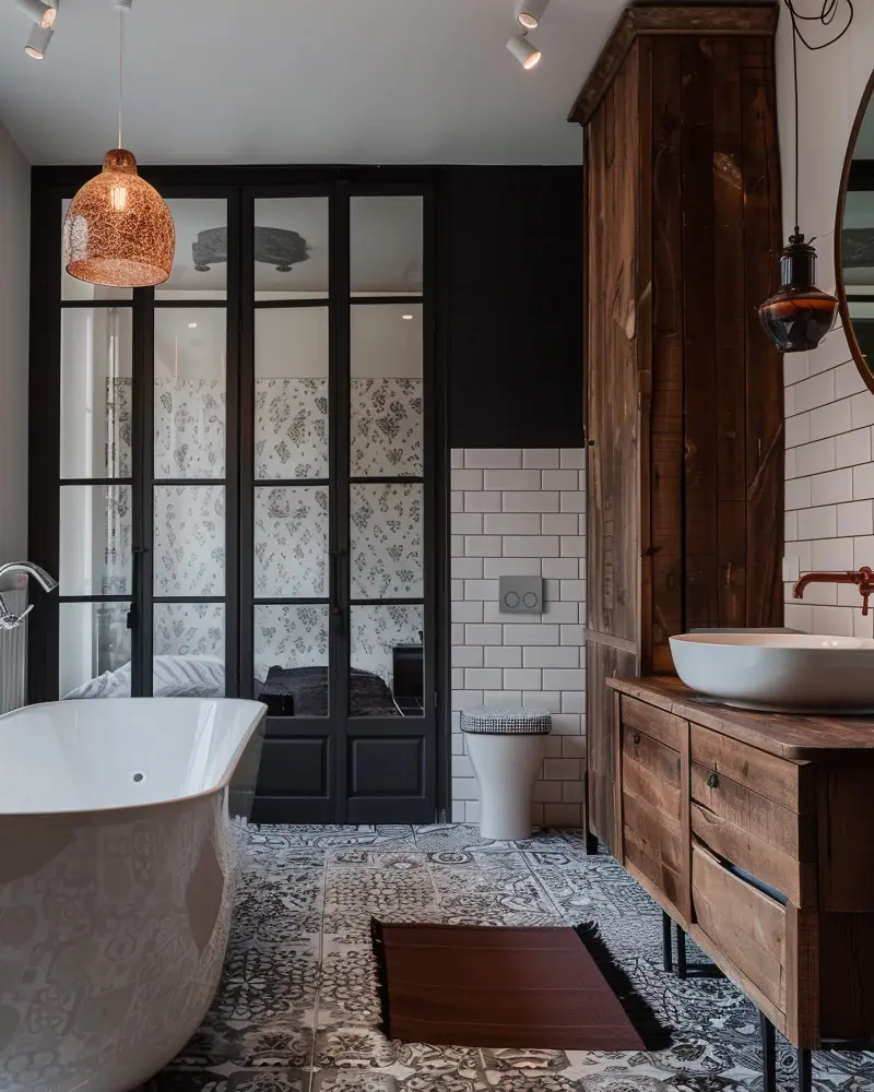 Wood vanity cabinet, black steel-framed glass door, freestanding tub and copper pendant
