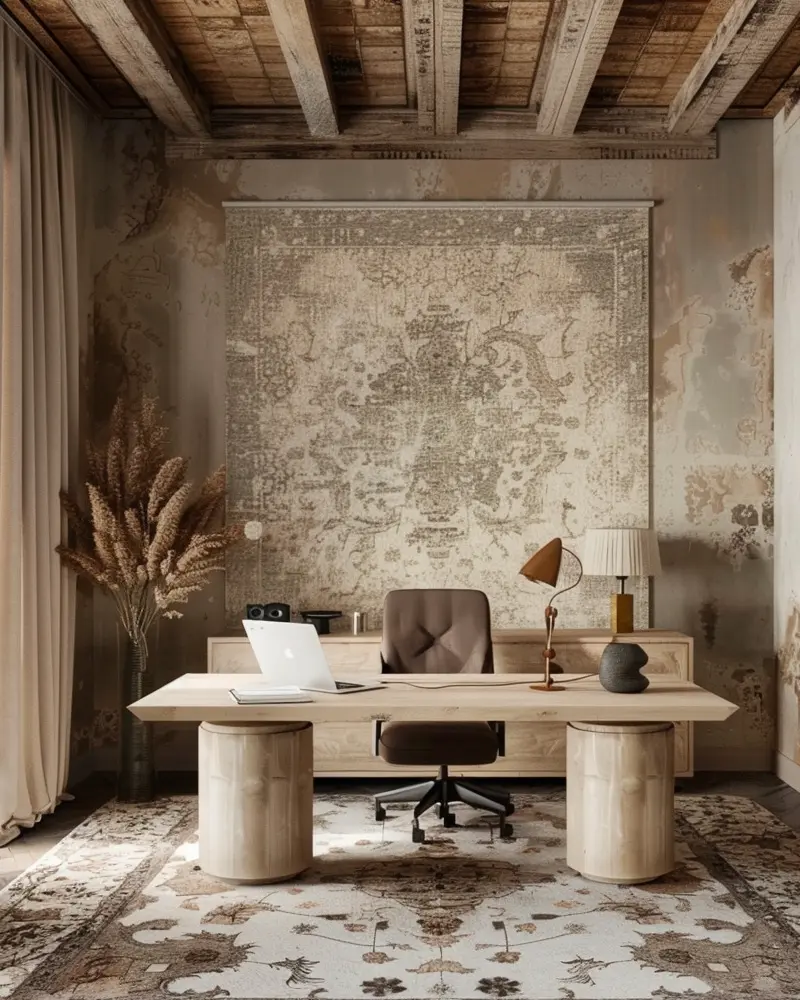 Beamed ceiling, large faded medallion tapestry and a sculptural desk on drum bases over a patterned rug