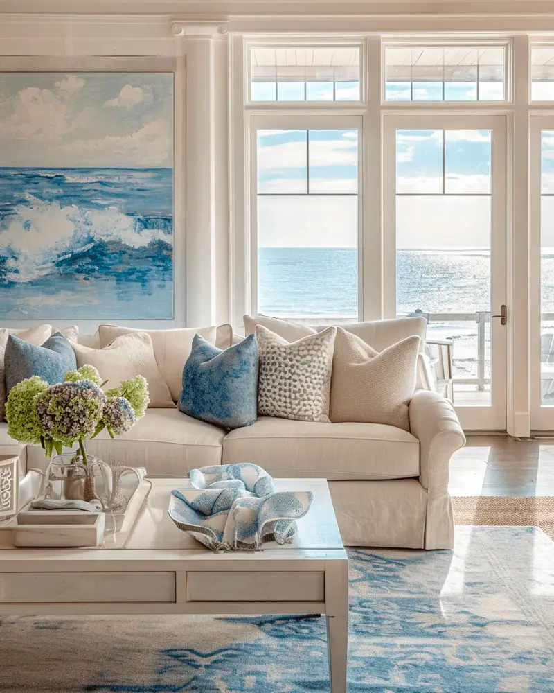 Chic coastal living room with a cream slipcovered sofa, blue and white pillows, a wave painting, a blue patterned rug and French doors opening onto the ocean