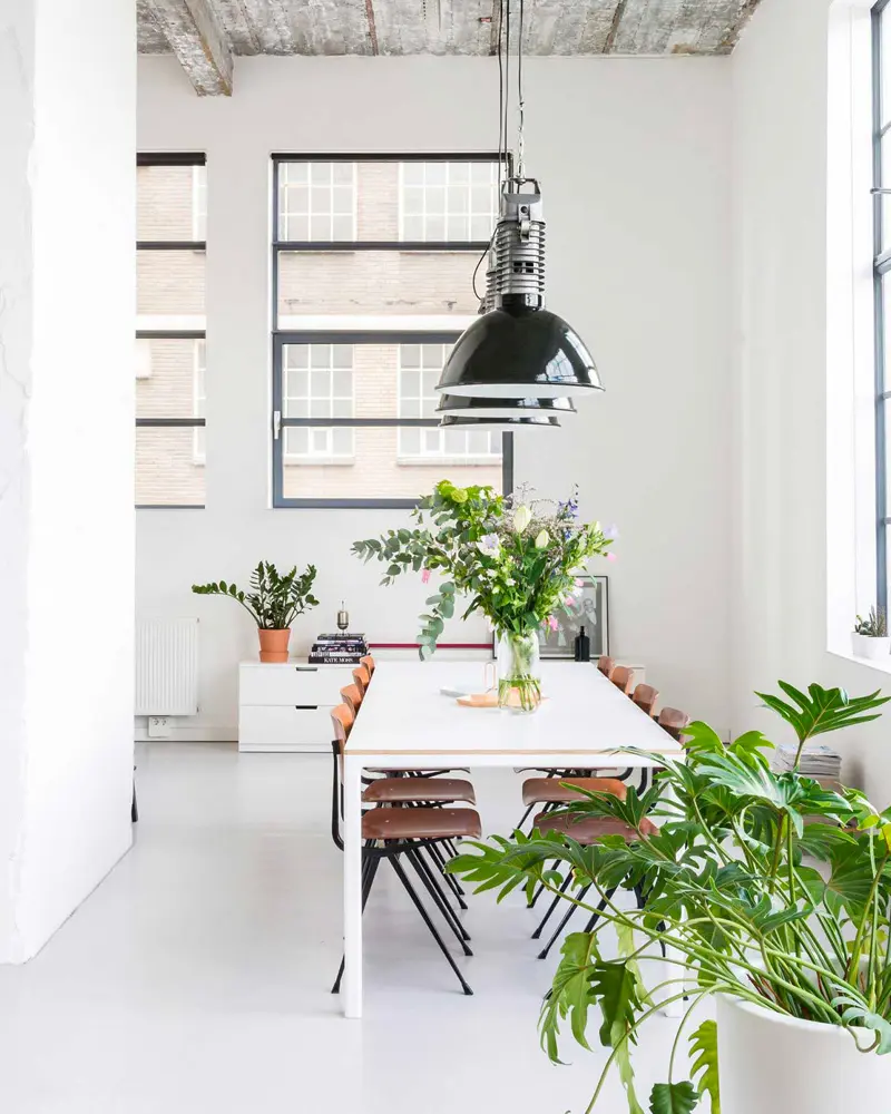 White dining table under a black enamel pendant with leafy plants and factory windows