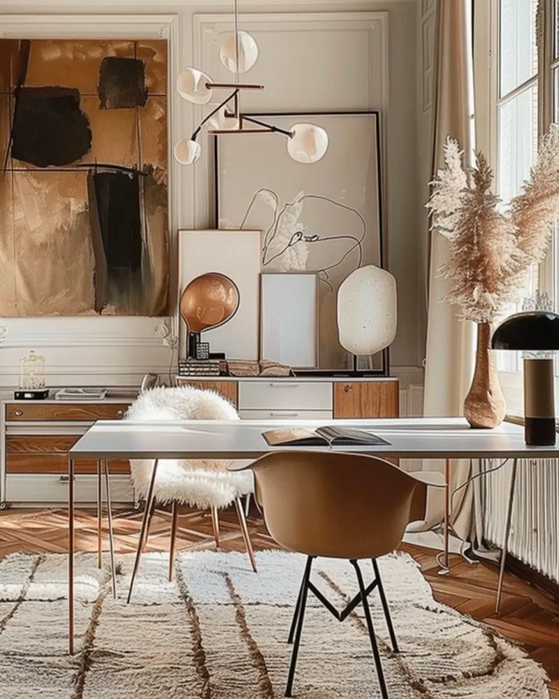 Abstract canvases, globe-bulb pendant, white desk with a sheepskin chair and Berber rug, pampas in a vase