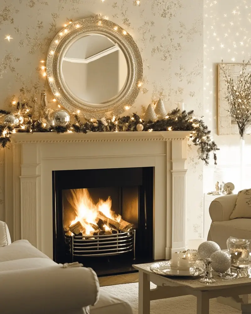 Cream fireplace with a round mirror, a garland of warm lights and silver ornaments above a lit fire
