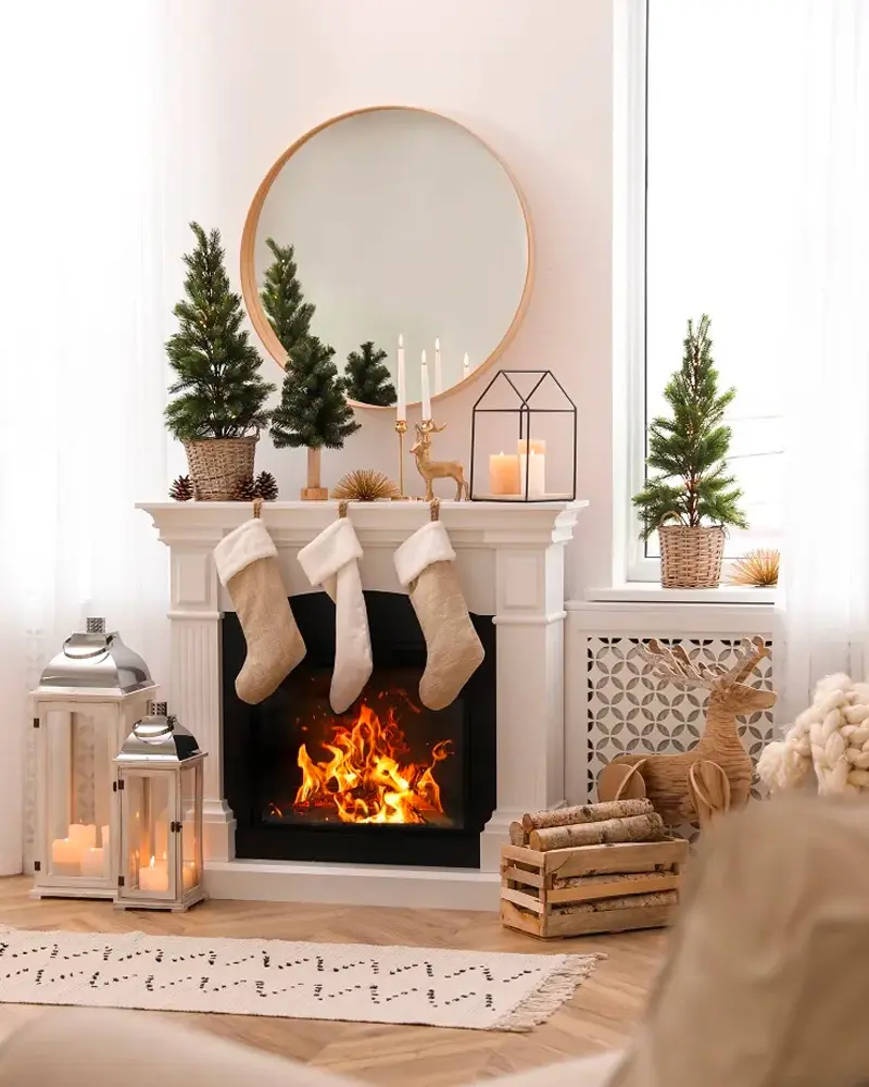 White mantel with a round mirror, small potted firs, a wire lantern and cream stockings