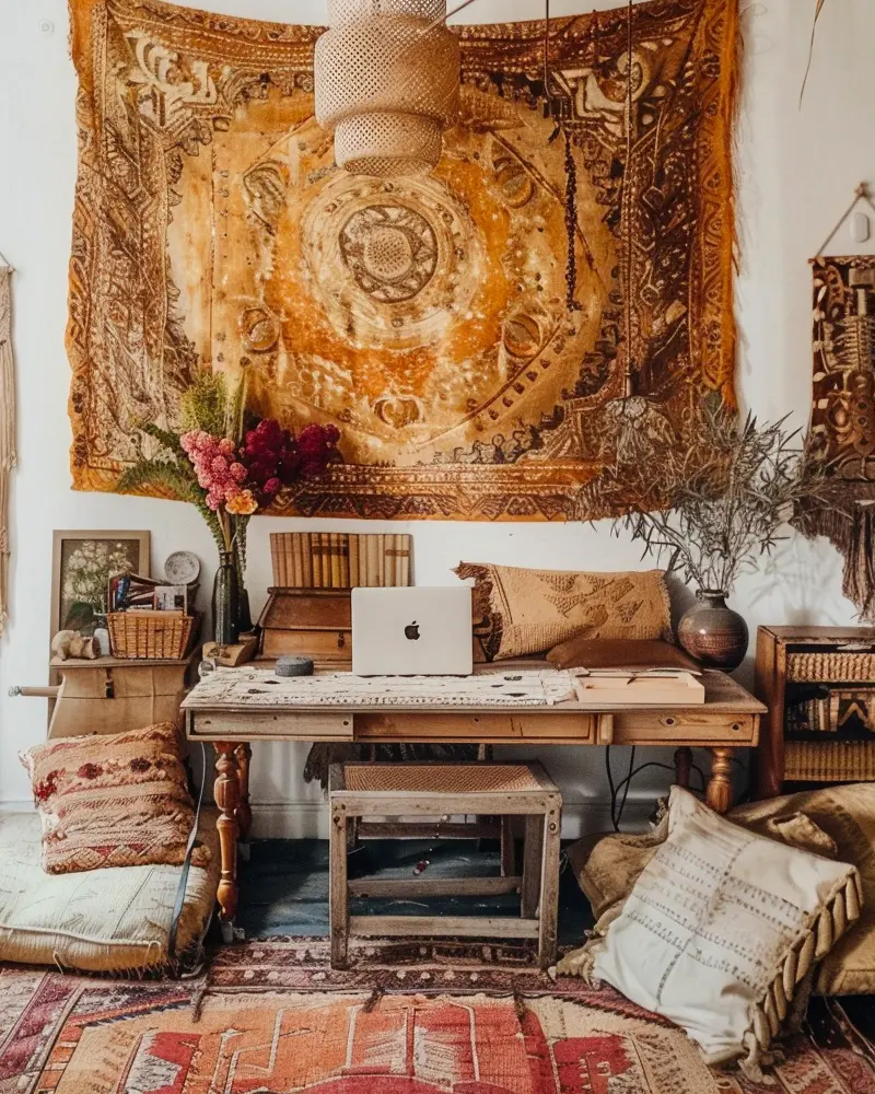 Large ochre mandala tapestry above a carved wood desk with a laptop, floor cushions and layered rugs