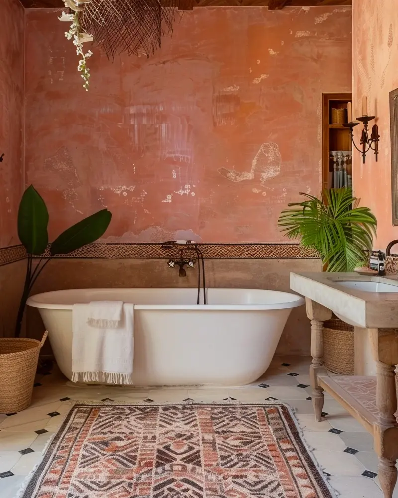Pink terracotta walls, white freestanding tub, patterned rug, black and white tile floor and plants