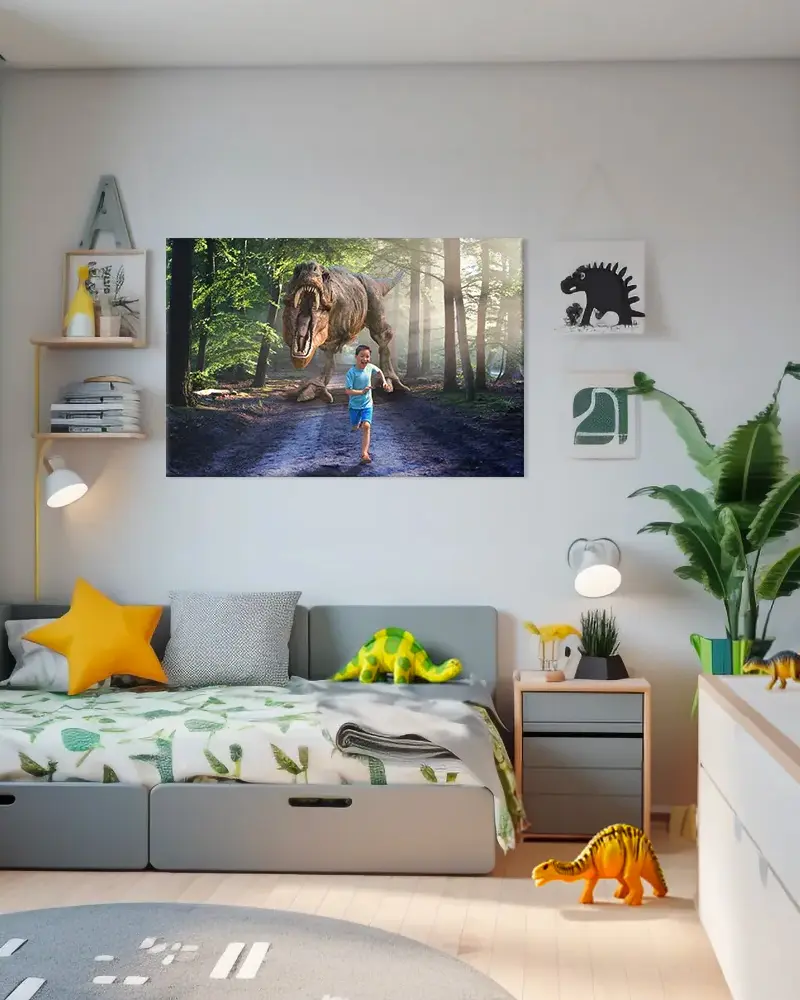 Kids room with gray daybed, framed T. rex photo poster, plants and toy dinosaurs