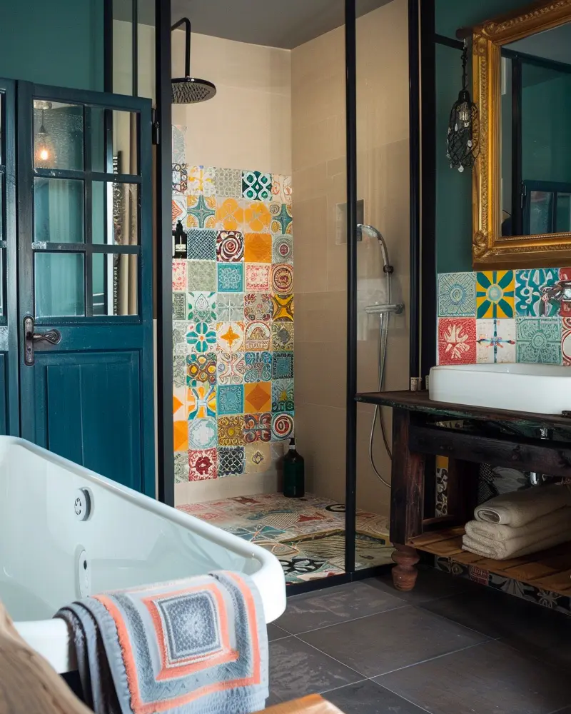 Colorful patchwork tile shower, teal door, gold-framed mirror and crochet throw on the tub