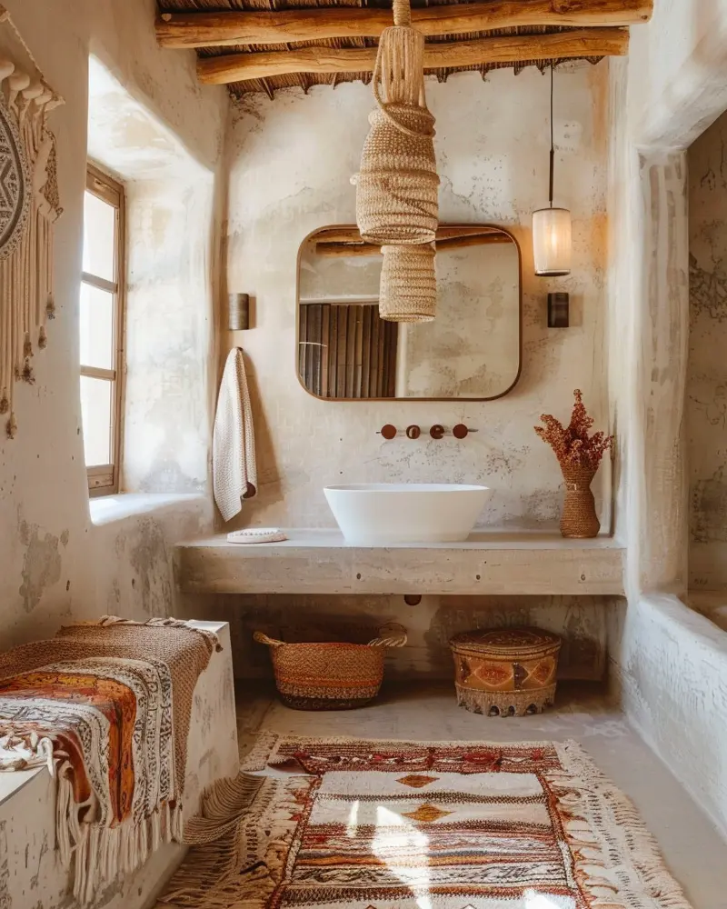 Plaster bathroom with floating concrete vanity, round-cornered mirror, woven pendant and patterned rug