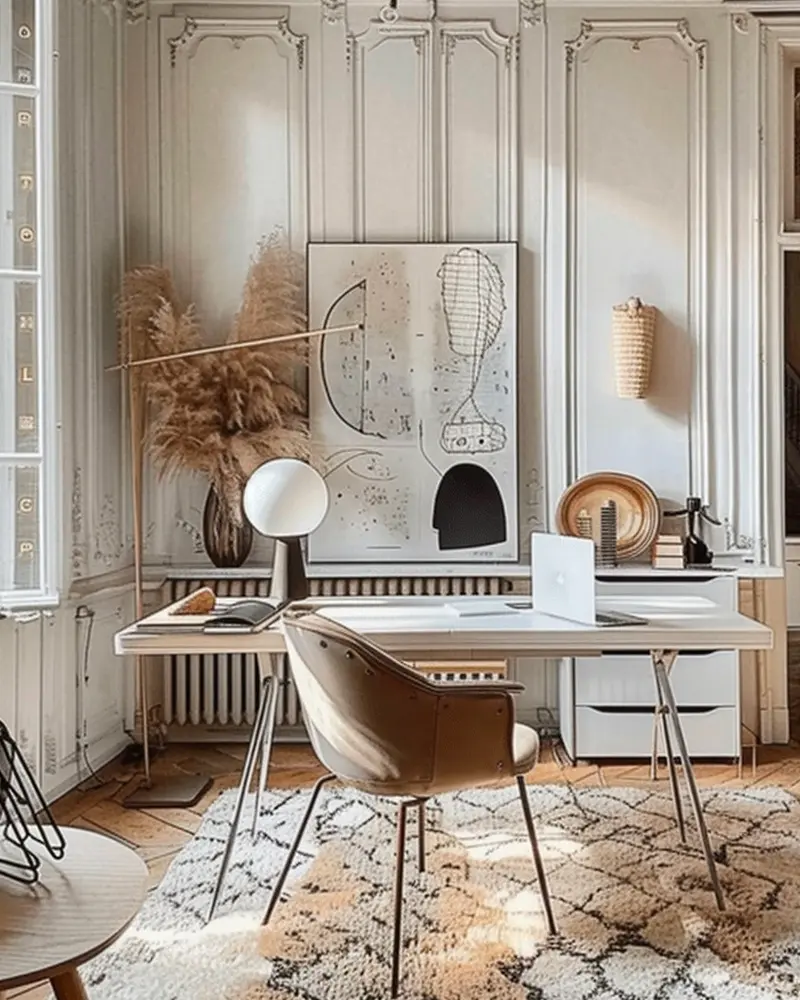 Paneled white walls, graphic black-and-white print, pampas grass, mushroom lamp and slim white desk