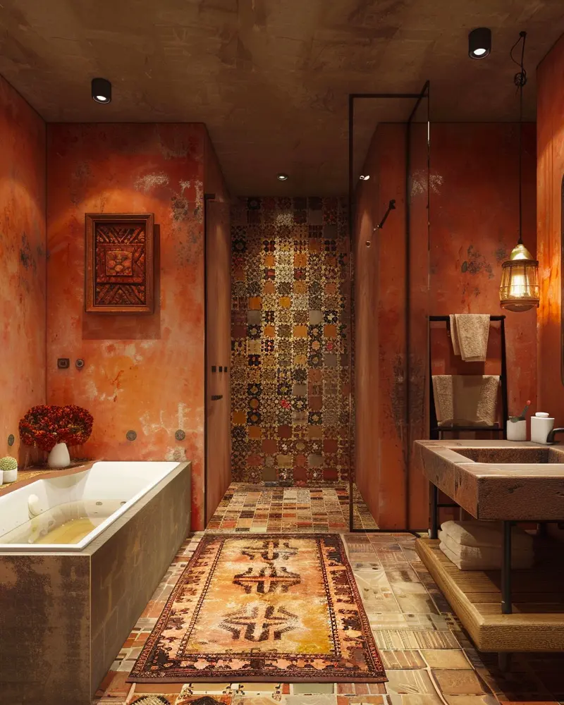 Terracotta walls with patterned tile shower, built-in tub, lantern and Oriental runner