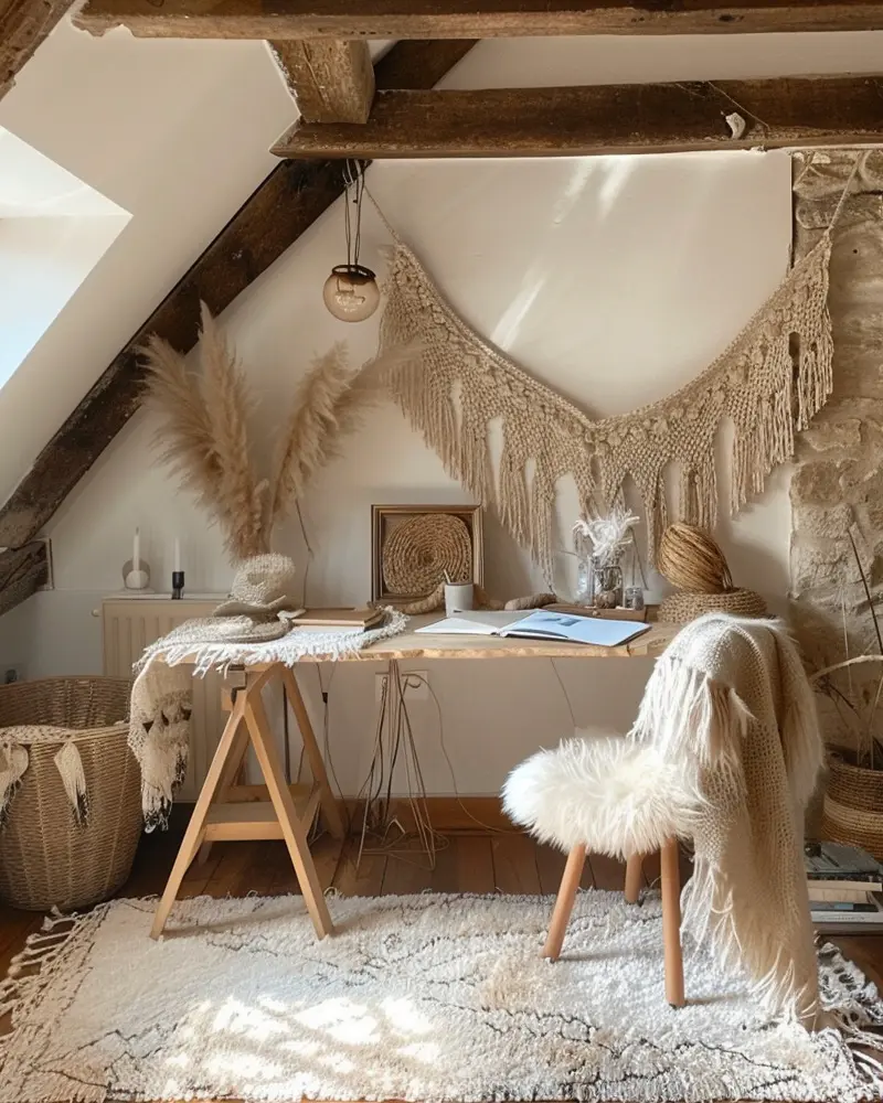 Fringed macramé swag under sloping beams, wooden trestle desk, chair draped in sheepskin and woven baskets