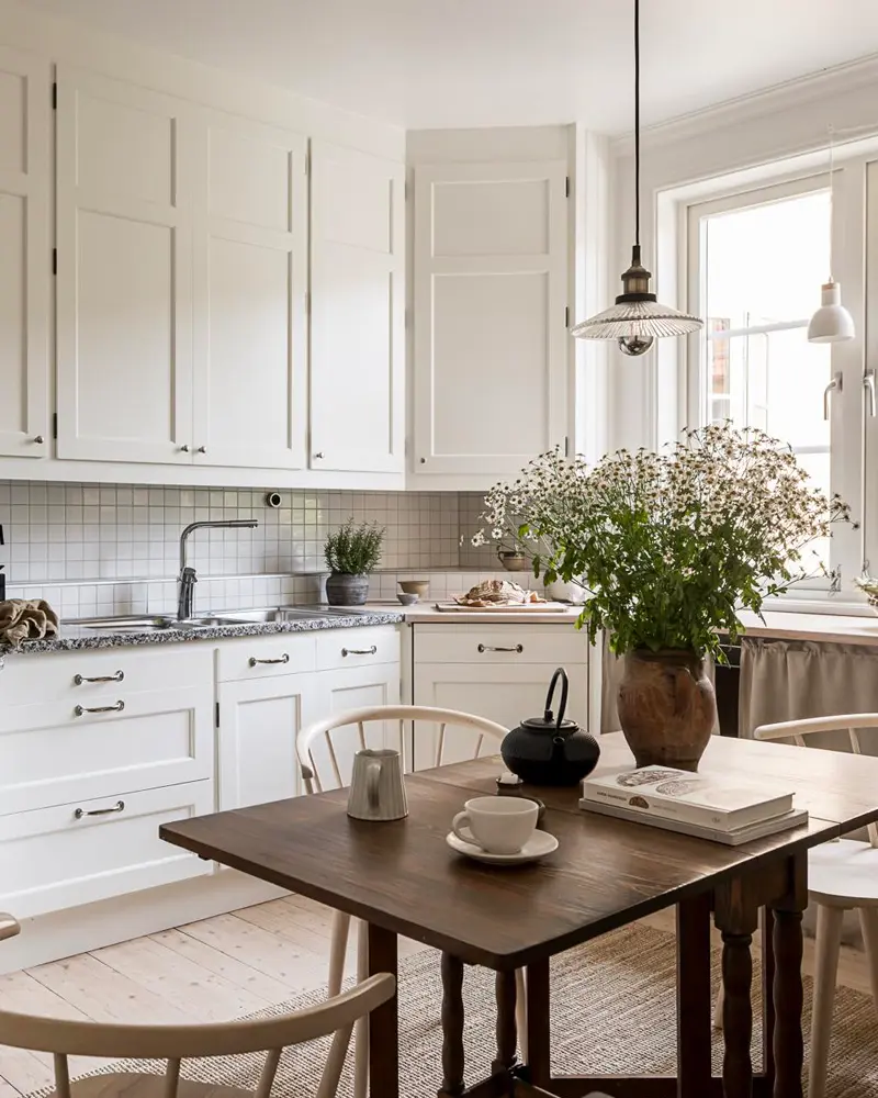 White shaker cabinets with dark wood drop-leaf table, flowers in a vase and glass pendant