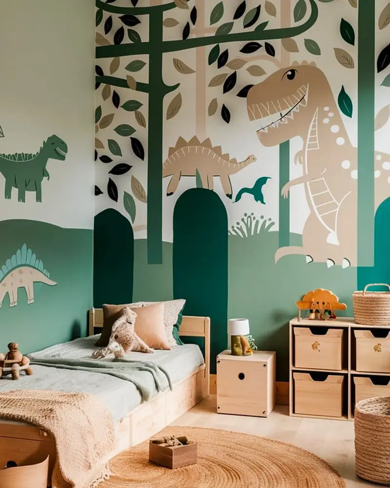 Kids room with green and beige dinosaur jungle mural, low wooden bed and cube storage