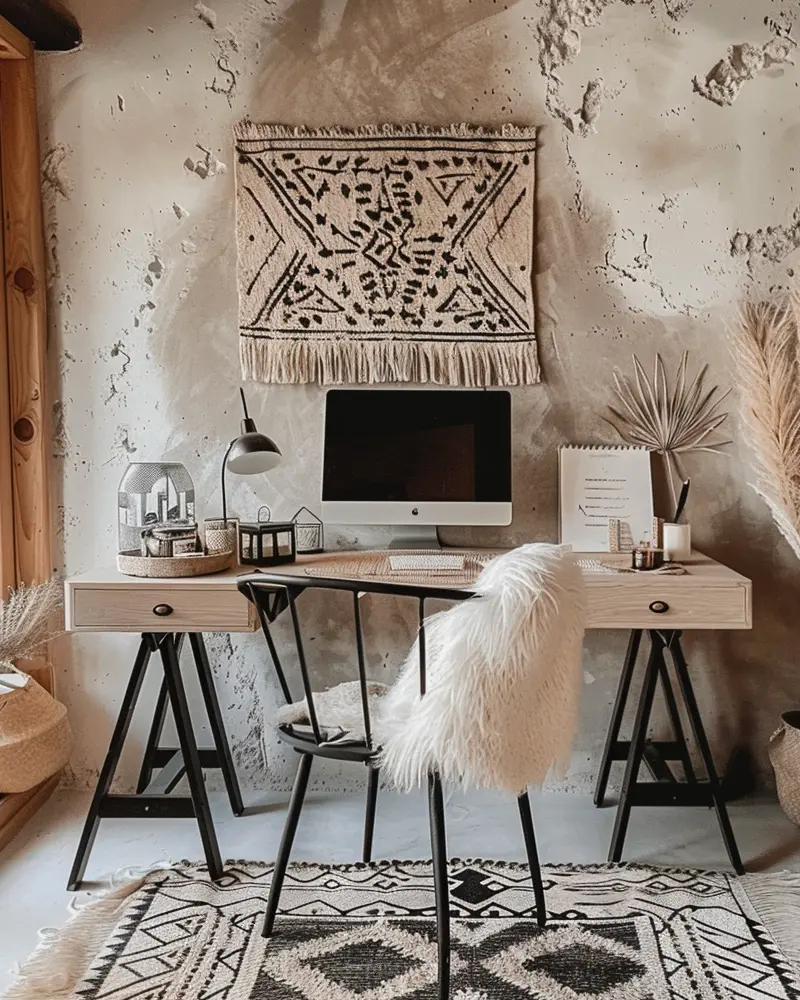 Black-and-white tribal-motif wall hanging, trestle desk with iMac, sheepskin on a black chair and matching rug
