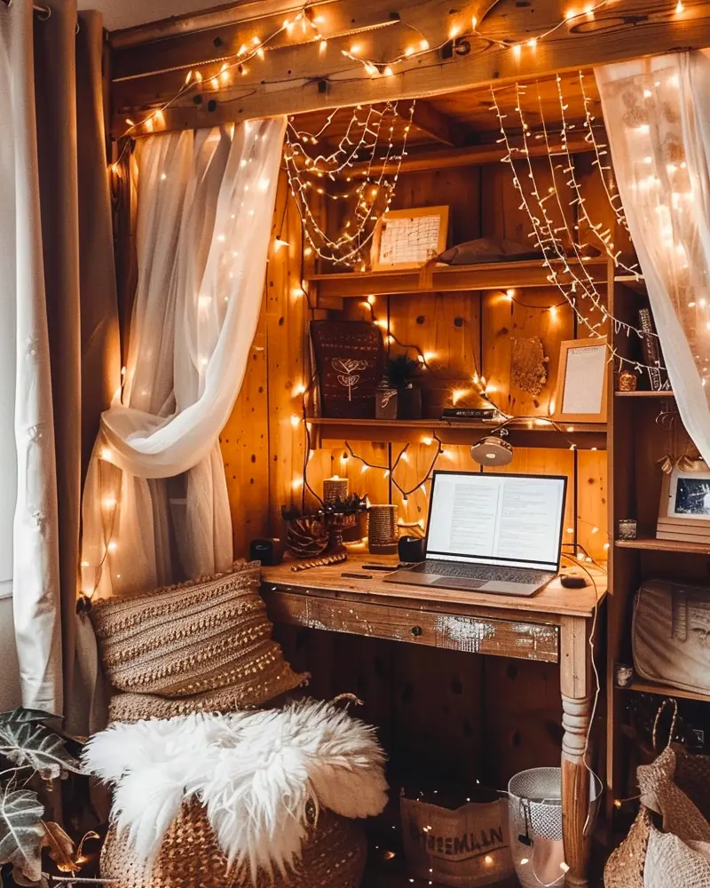 Knotty pine nook strung with fairy lights, sheer curtains, small desk with a laptop and a sheepskin-lined basket