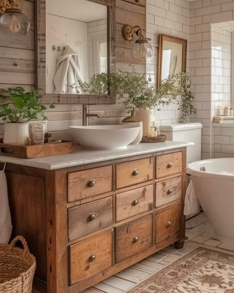 Antique wooden chest of many small drawers used as a vanity with a white vessel sink, plants and a freestanding tub