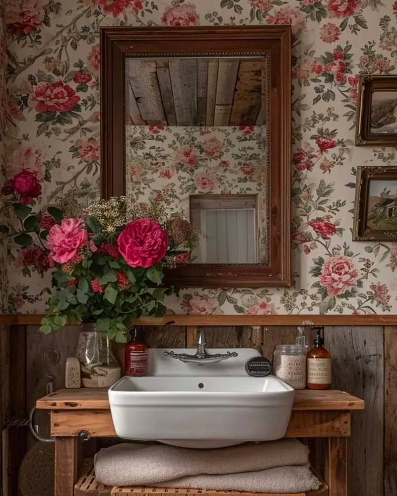 Bathroom with red and pink cabbage rose wallpaper, a rustic wood-framed mirror, a wooden vanity and a vase of roses