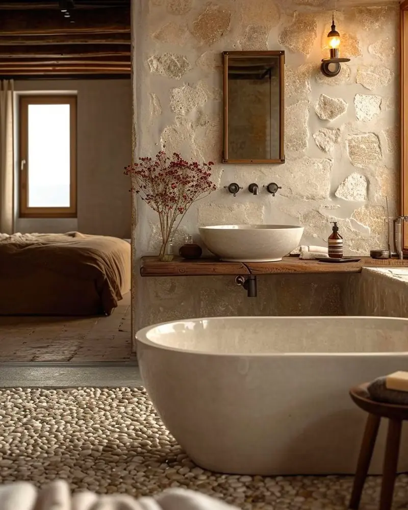 Bathroom with a rough stone wall, a pebble mosaic floor, a stone vessel sink on a wood shelf and an oval freestanding tub