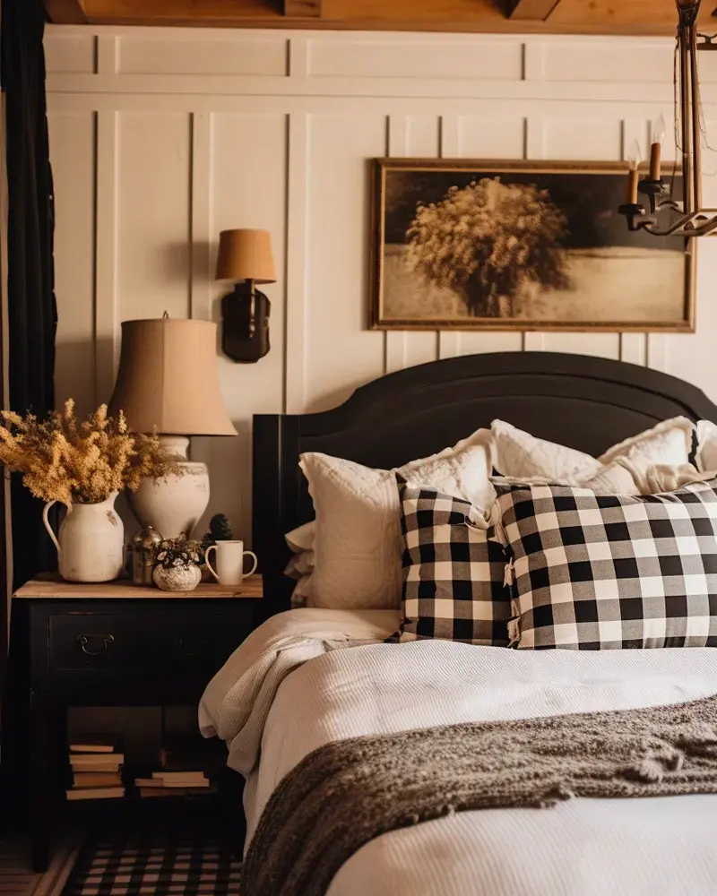 Black headboard with buffalo check pillows, a wall sconce and a framed dried grass picture on white paneling