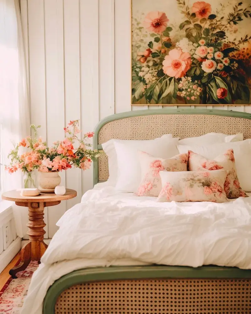 Green-framed cane bed with floral pillows under a large floral painting on white paneling