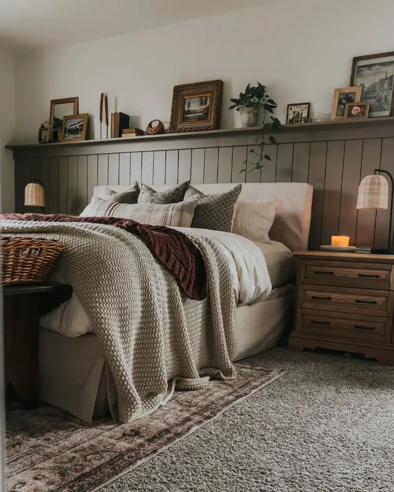 Gray paneled wall with a picture ledge of frames above a bed with a chunky knit throw