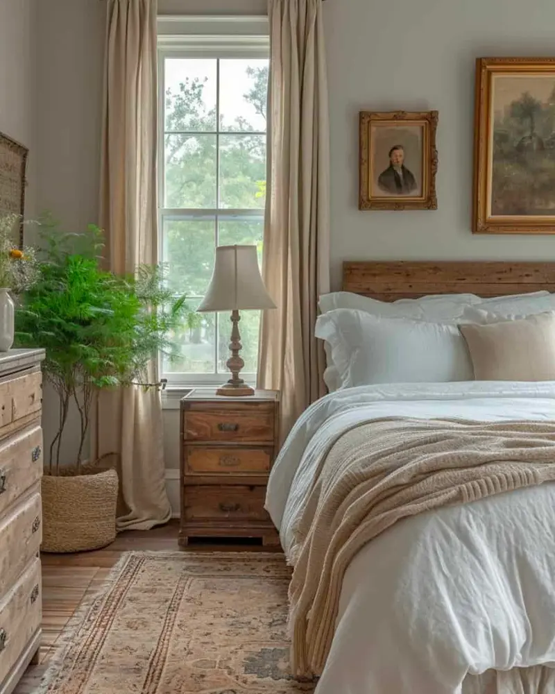 Weathered wood nightstand and dresser, linen curtains, a fern and vintage oil portraits beside a white bed