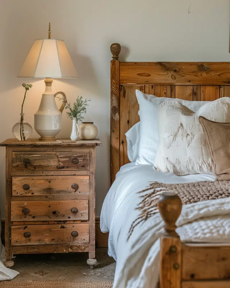 Rustic pine bed with turned posts beside a weathered wooden chest of drawers and a ceramic lamp
