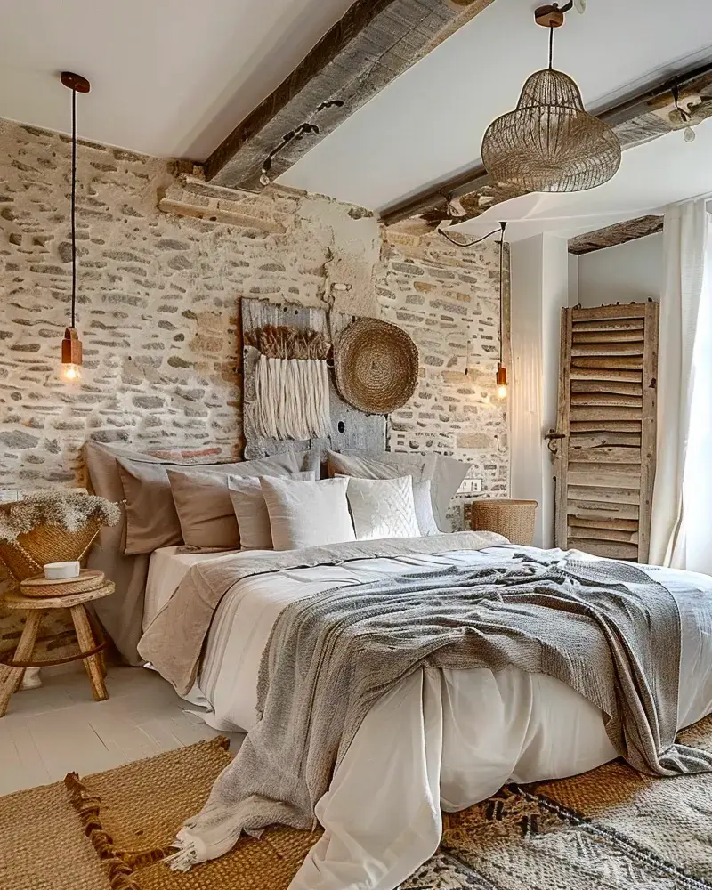 Exposed stone wall, a rattan pendant, a straw hat and old shutters in a beamed bedroom
