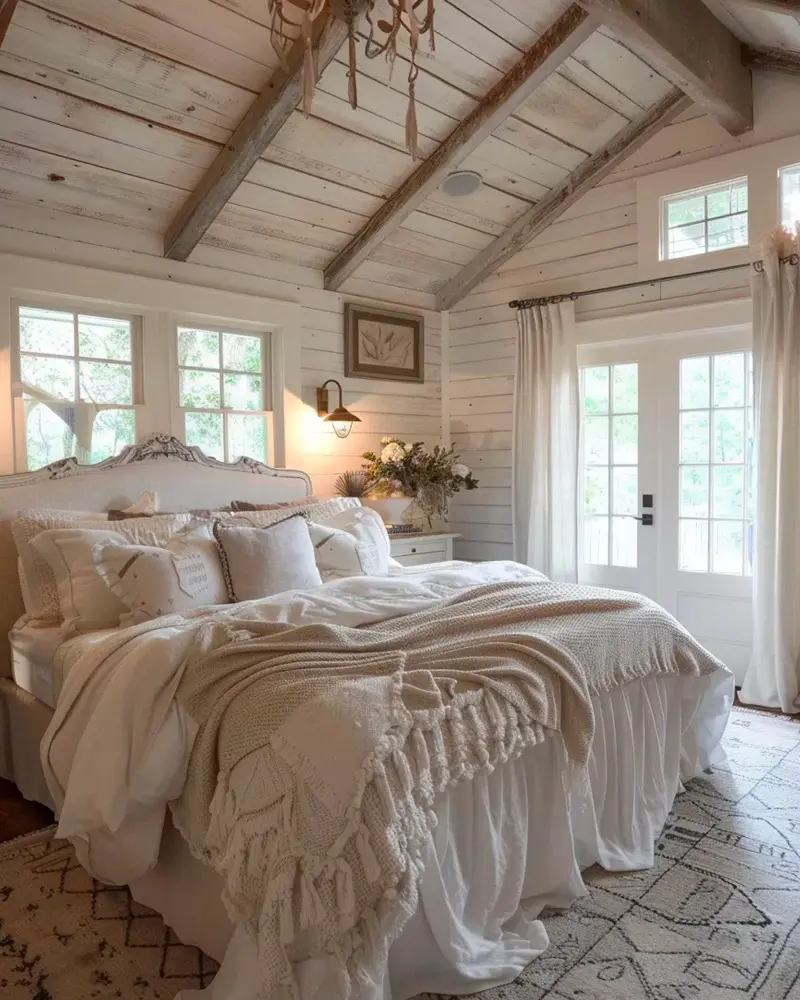 White vaulted plank ceiling, a white headboard and layered textured white bedding with French doors
