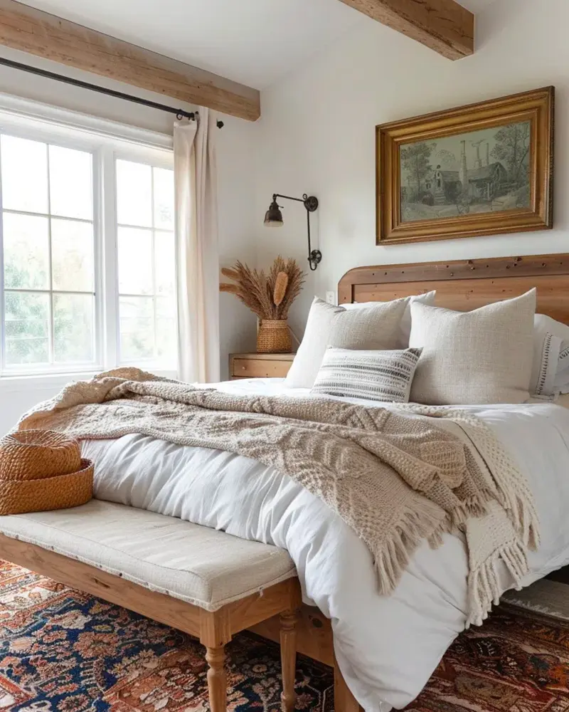 Reclaimed wood headboard, a cream knit throw, a wooden bench and a Persian rug under ceiling beams