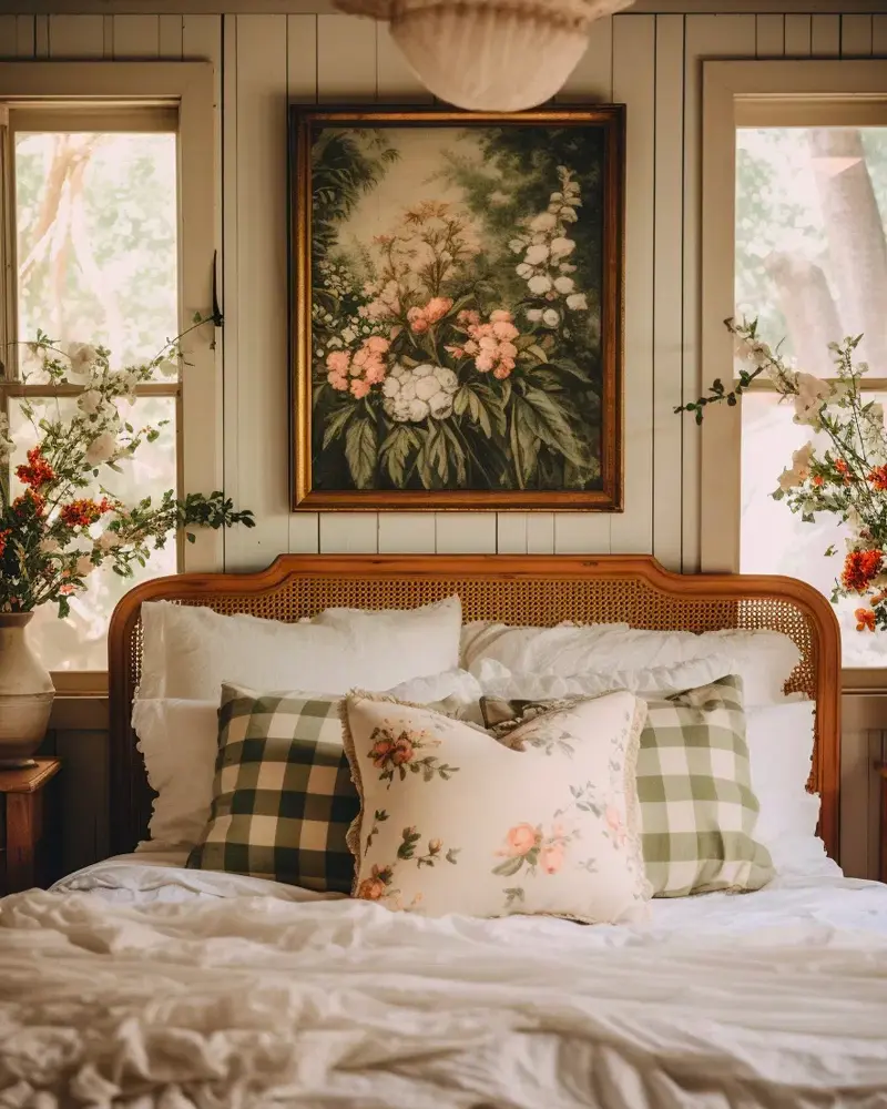 Wood and cane headboard with green gingham and floral pillows under a botanical painting