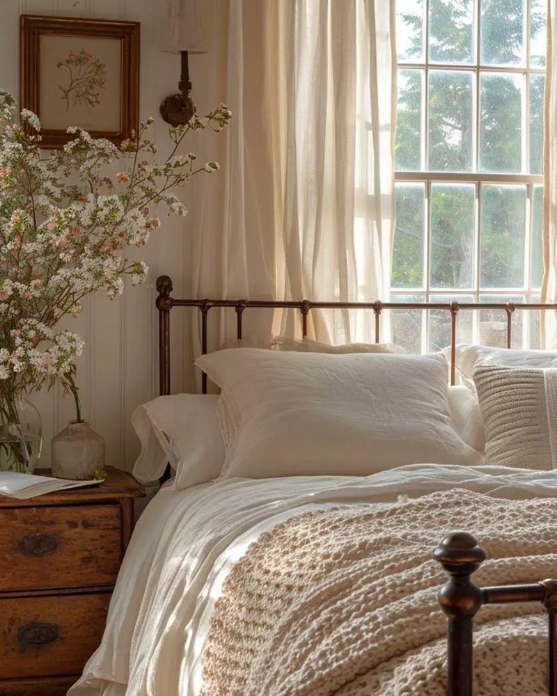Dark iron bed with cream bedding, a chunky knit throw and branches of white blossoms by a window