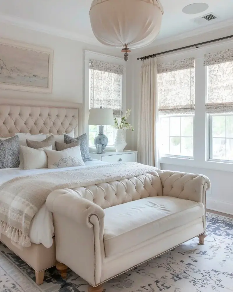 Tufted cream headboard, a tufted loveseat at the foot of the bed and Roman shades