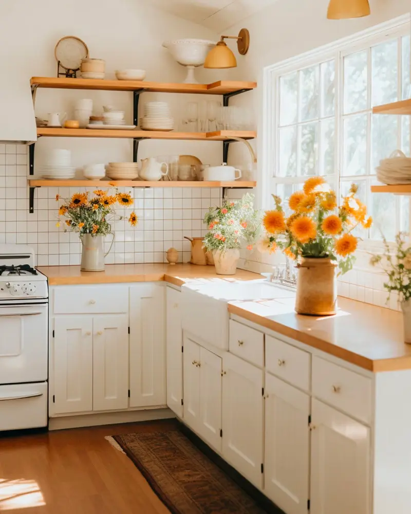 Cream cabinets, wooden counters and open shelves with sunflowers in a sunny corner kitchen